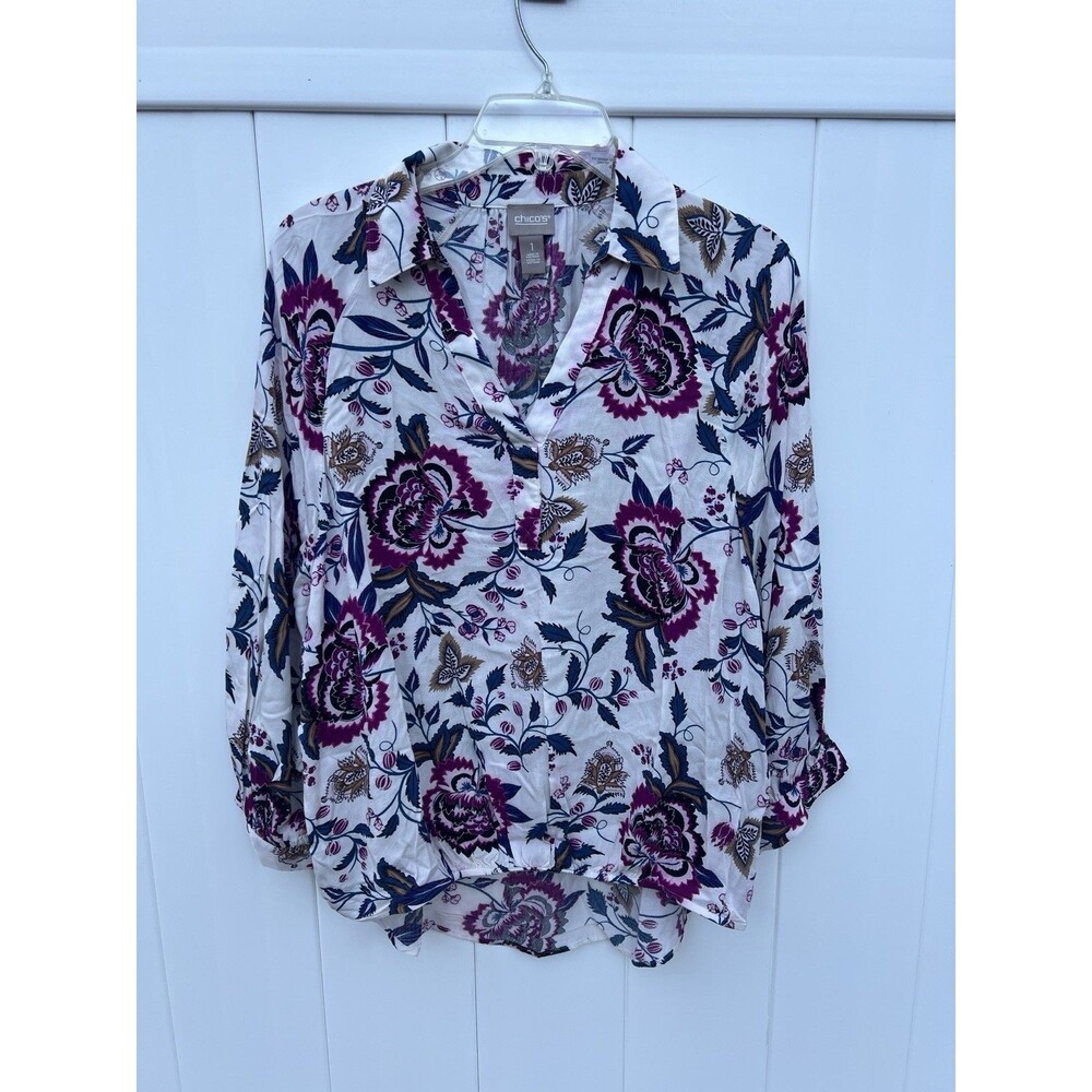 Chico's 1 Blouse Floral Colorful 3/4 Sleeve V Neck Collared Sz Medium Rayon